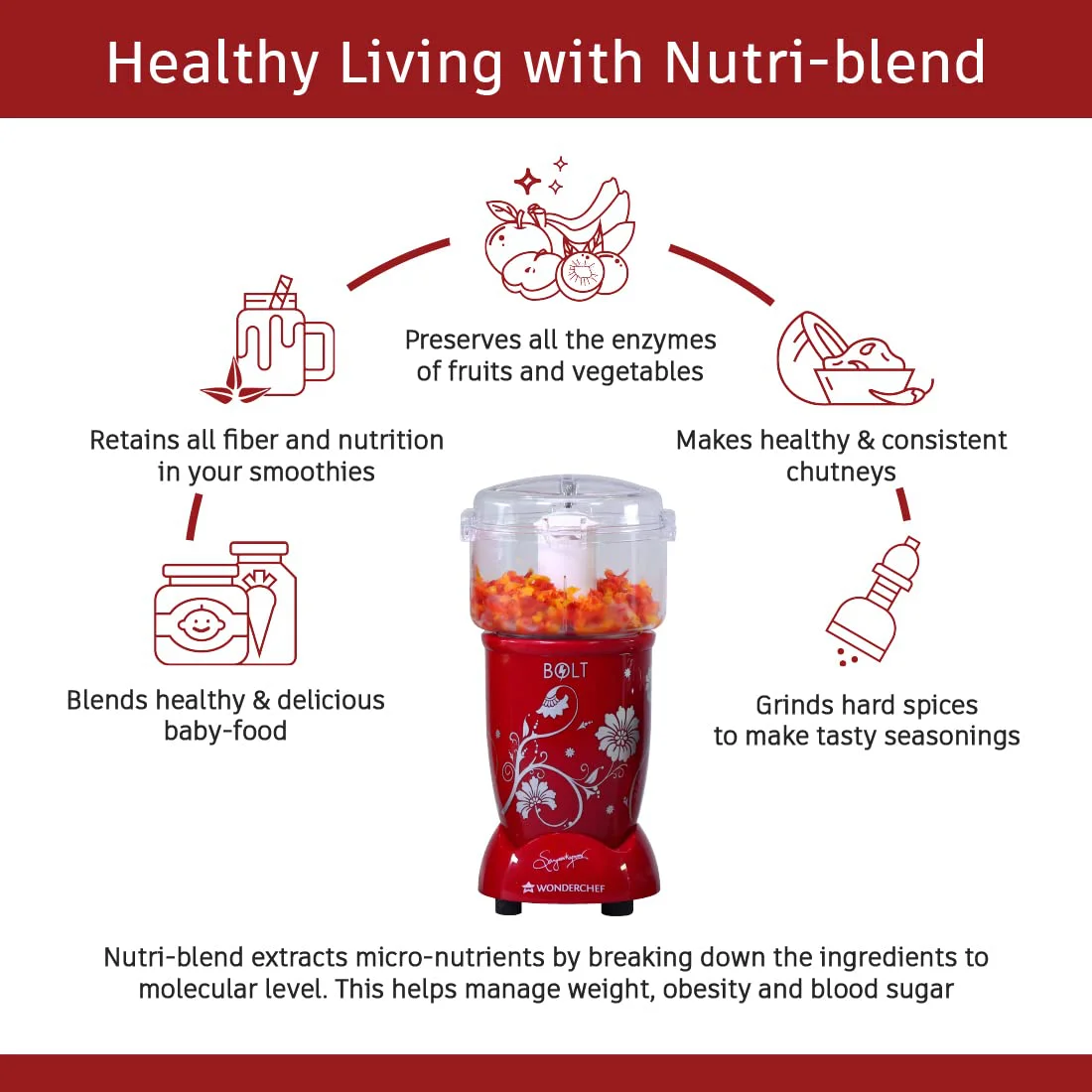Wonderchef Nutri-blend BOLT CKM|600W Powerful 100% Full Copper Motor|22000 RPM, Blender & Chopper|SS Blades|4 unbreakable jars with Sipper lid|2 Years warranty|Recipe book by Chef Sanjeev Kapoor|Red - image 2