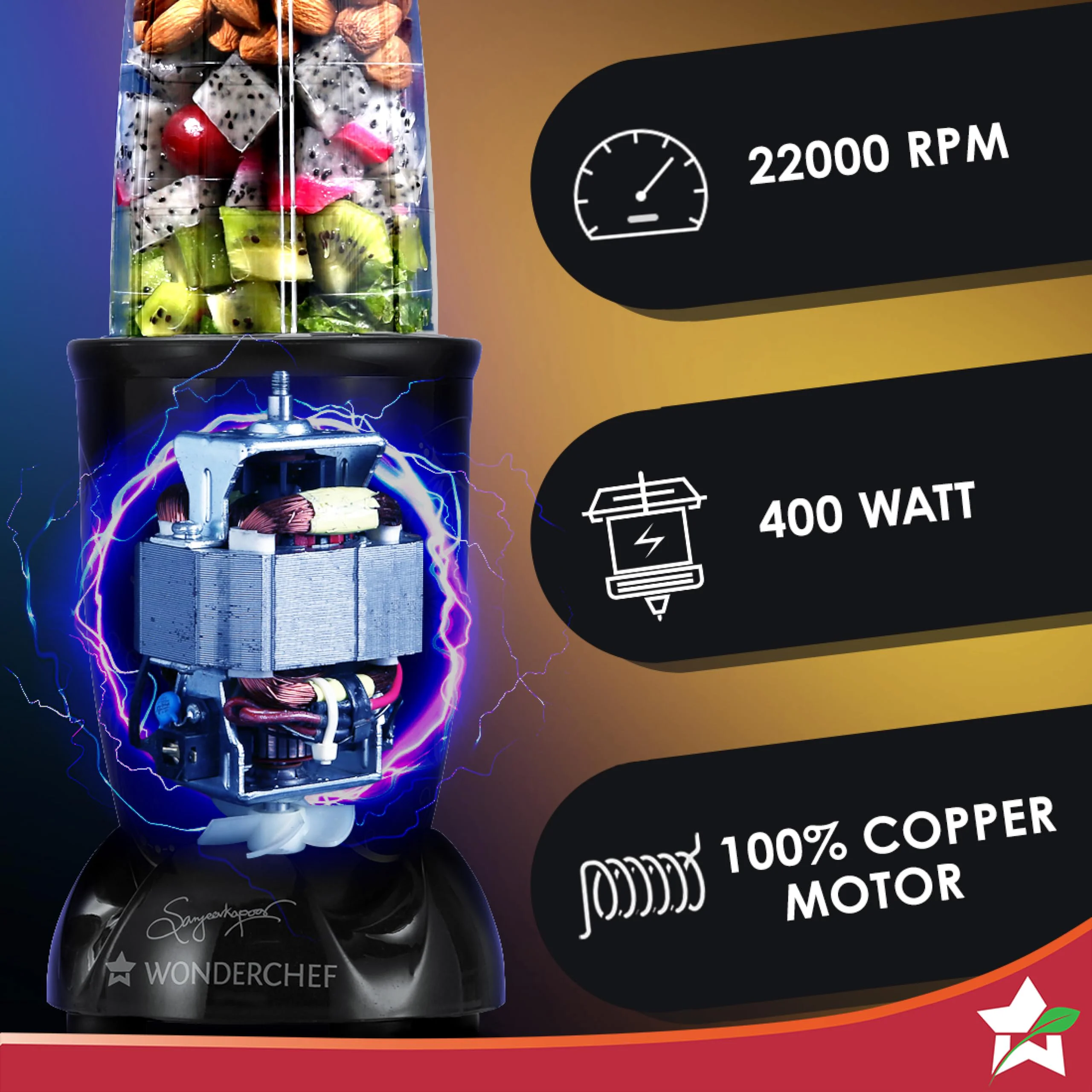Wonderchef Nutri-blend Mixer, Grinder & Blender|Powerful 500W 22000 RPM 100% Full Copper Motor|Stainless steel Blades|2 unbreakable jars|2 Years warranty | Recipe book by Chef Sanjeev Kapoor | Black - image 1