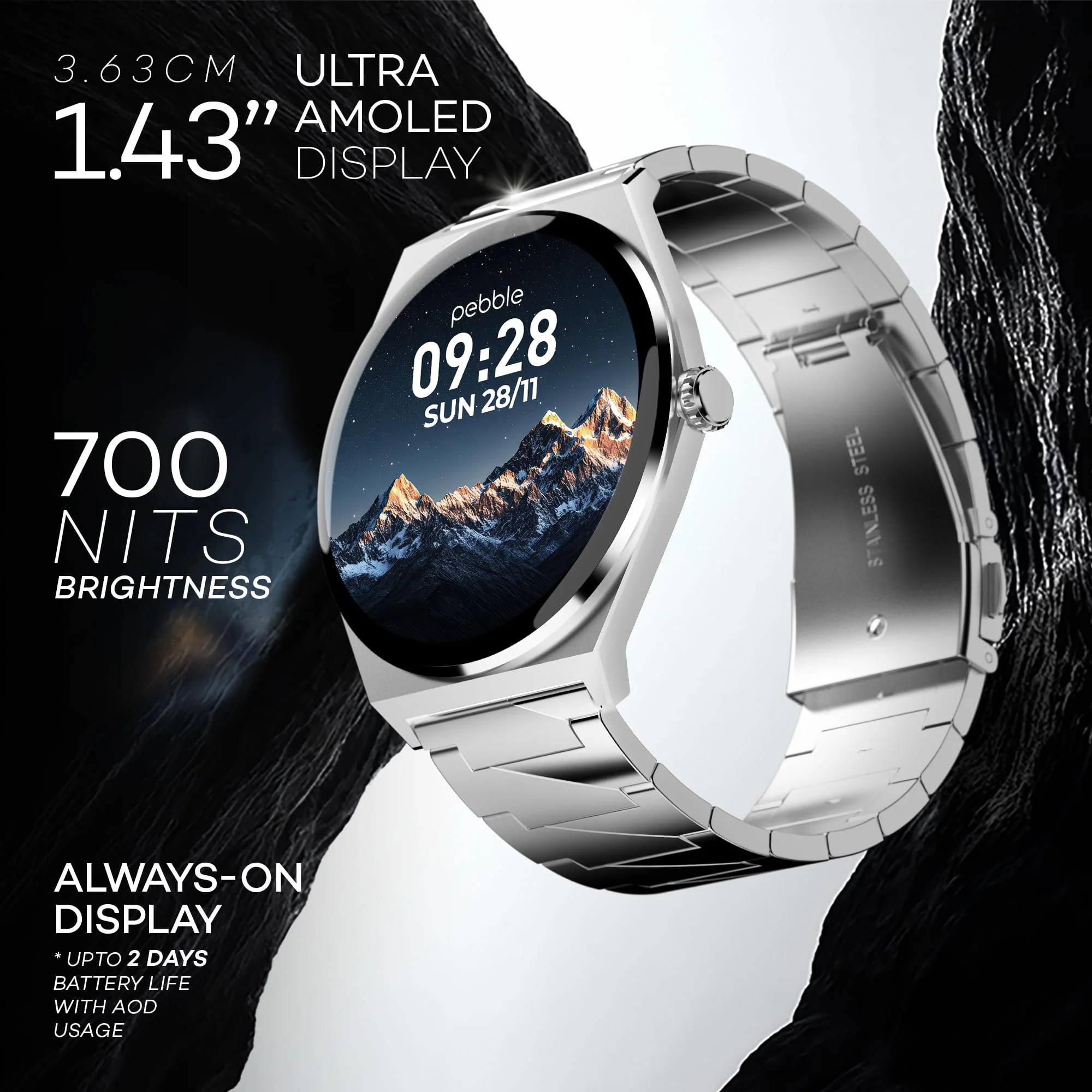 Pebble Royale Steel 1.43” Ultra AMOLED Smartwatch with Always-On Display, Bluetooth Calling, DIY Watch Faces, Slimmest Stainless Steel Body, Multiple Sports Modes – Premium Metal Smartwatch - image 2