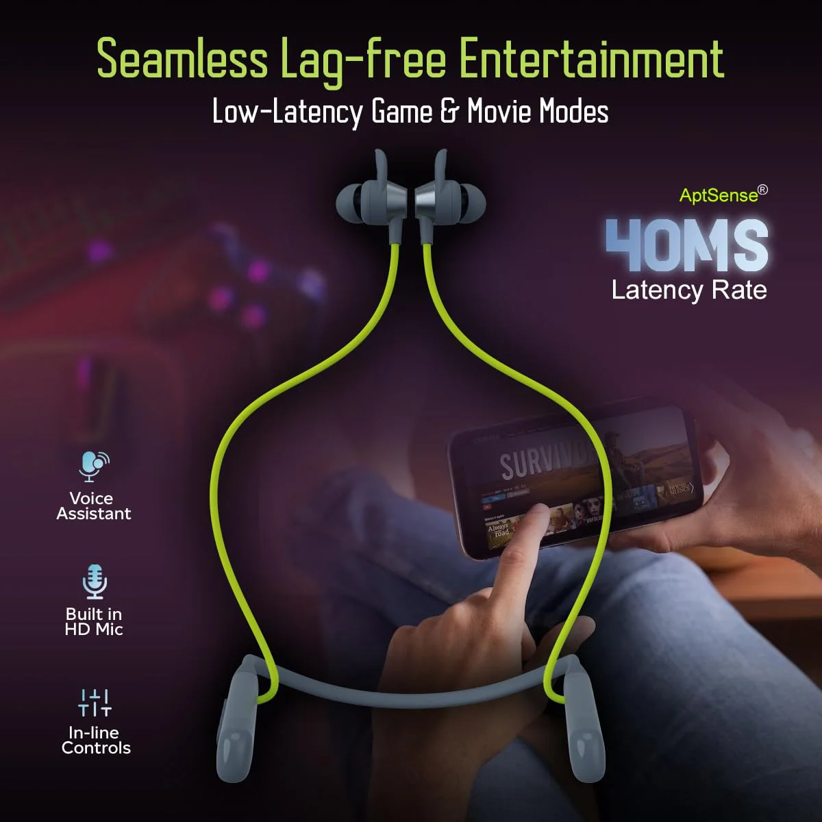 pTron Tangent Sports, 60Hrs Playtime, ENC BT5.2 Headphone, AptSense 40ms Low Latency Gaming, Deep Bass, Dual Pairing, In-Ear Wireless Neckband, HD Mic, Type-C Fast Charging & Voice Assist (Green/Grey) - image 2
