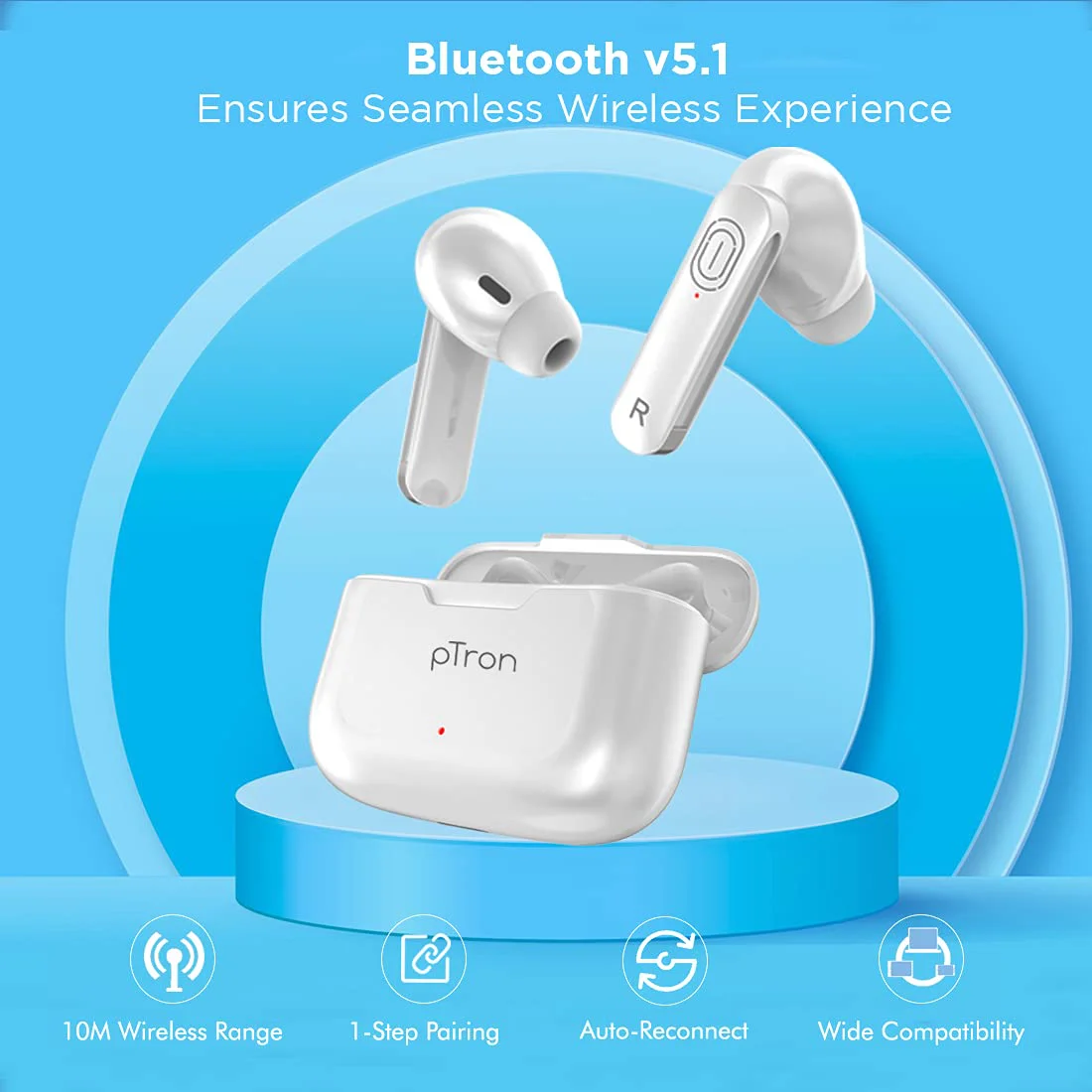 pTron Bassbuds Duo in Ear Earbuds with 32Hrs Total Playtime, Bluetooth 5.1 Wireless Headphones, Stereo Audio, Touch Control TWS, with Mic, Type-C Fast Charging, IPX4 & Voice Assistance (White) - image 2