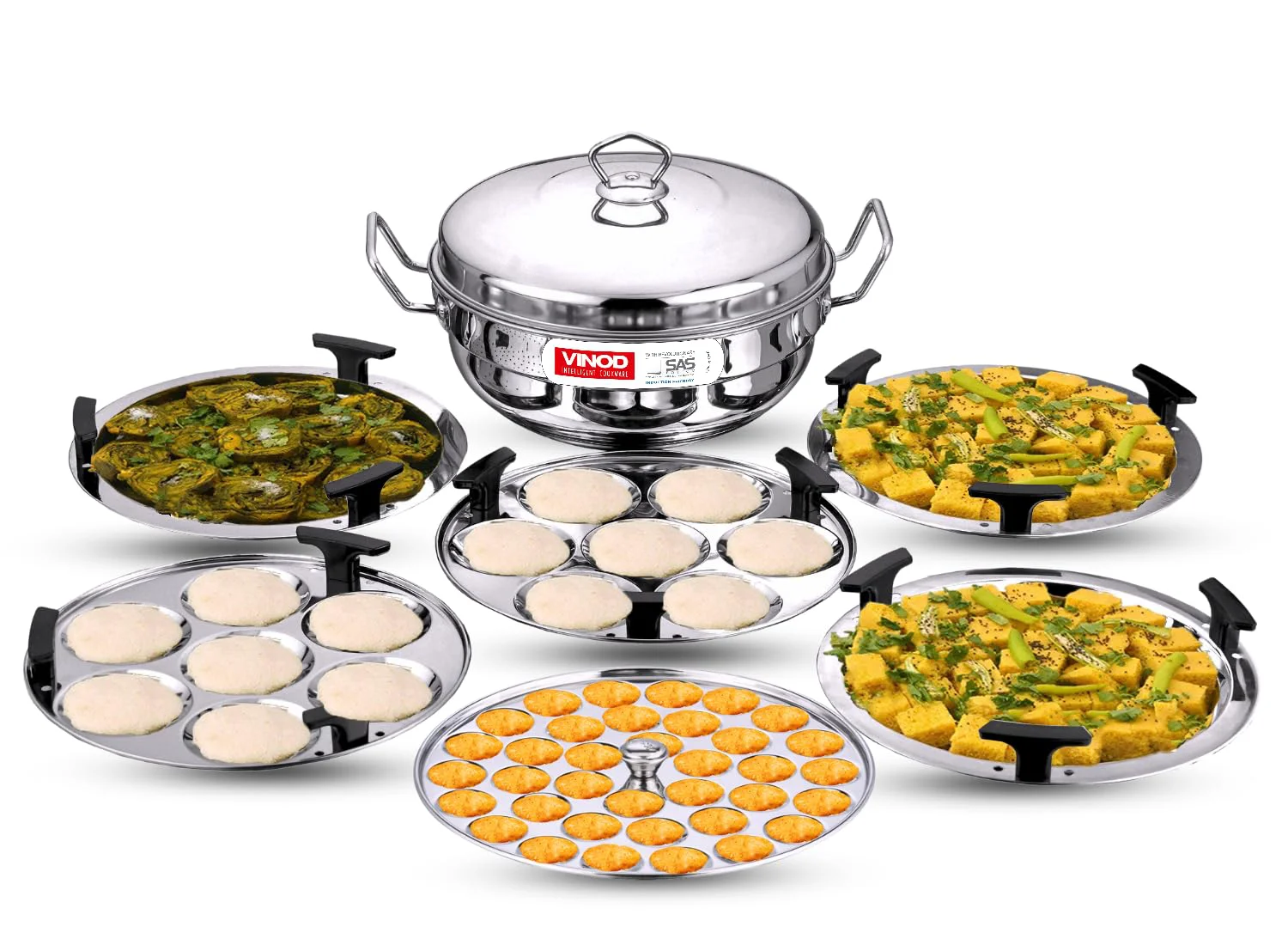 Vinod Stainless Steel Deluxe Multi Kadai with 6 Plates - 26cm, 2 Idli, 2 Dhokla,1 Patra and 1 Mini Idli Plate | Dhokla and Momos Steamer, Maker,Induction Friendly - image 1