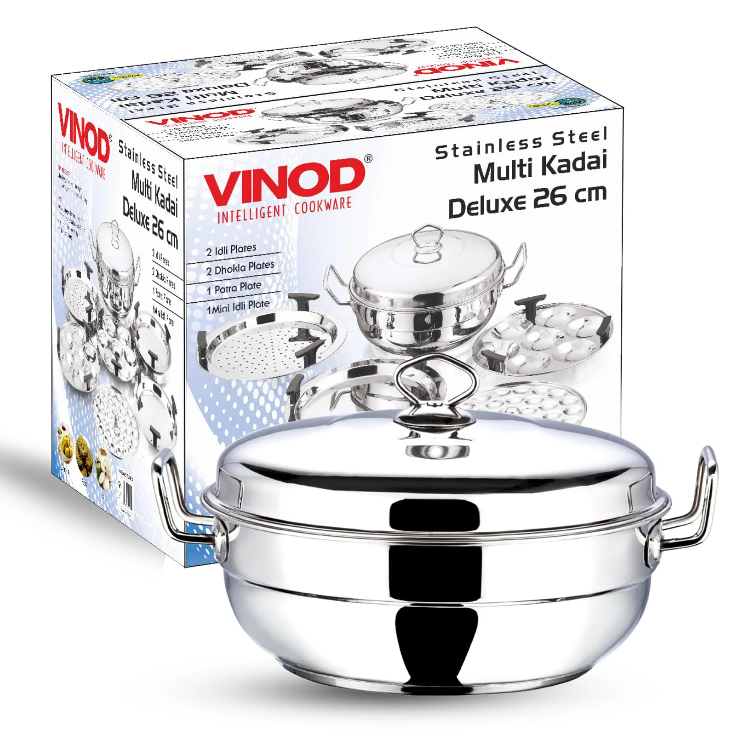 Vinod Stainless Steel Deluxe Multi Kadai with 6 Plates - 26cm, 2 Idli, 2 Dhokla,1 Patra and 1 Mini Idli Plate | Dhokla and Momos Steamer, Maker,Induction Friendly - image 2