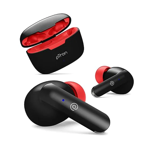 pTron Bassbuds Duo in-Ear Wireless Earbuds, Immersive Sound, 32Hrs Playtime, Clear Calls TWS Earbuds, Bluetooth V5.1 Headphone, Type-C Fast Charging, Voice Assist & IPX4 Water Resistant (Black & Red) - image 1