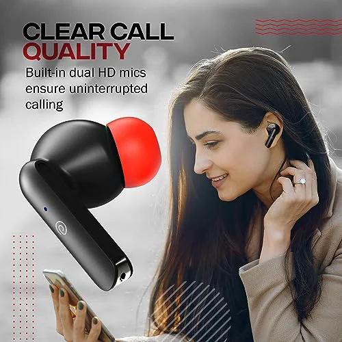 pTron Bassbuds Duo in-Ear Wireless Earbuds, Immersive Sound, 32Hrs Playtime, Clear Calls TWS Earbuds, Bluetooth V5.1 Headphone, Type-C Fast Charging, Voice Assist & IPX4 Water Resistant (Black & Red) - image 2