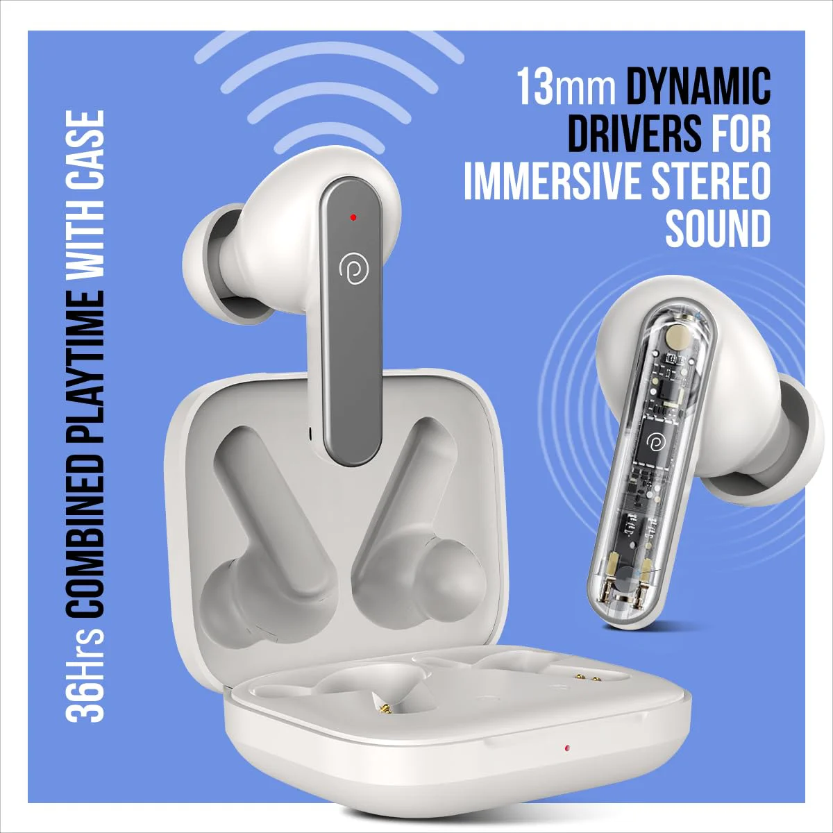 pTron Newly Launched Bassbuds Gomax TWS Earbuds, TruTalk AI-ENC Calls, 36Hrs Playtime, 13mm Drivers, in-Ear Bluetooth 5.3 Wireless Headphones, Voice Assistant, Type-C Fast Charging & IPX5 (White) - image 2