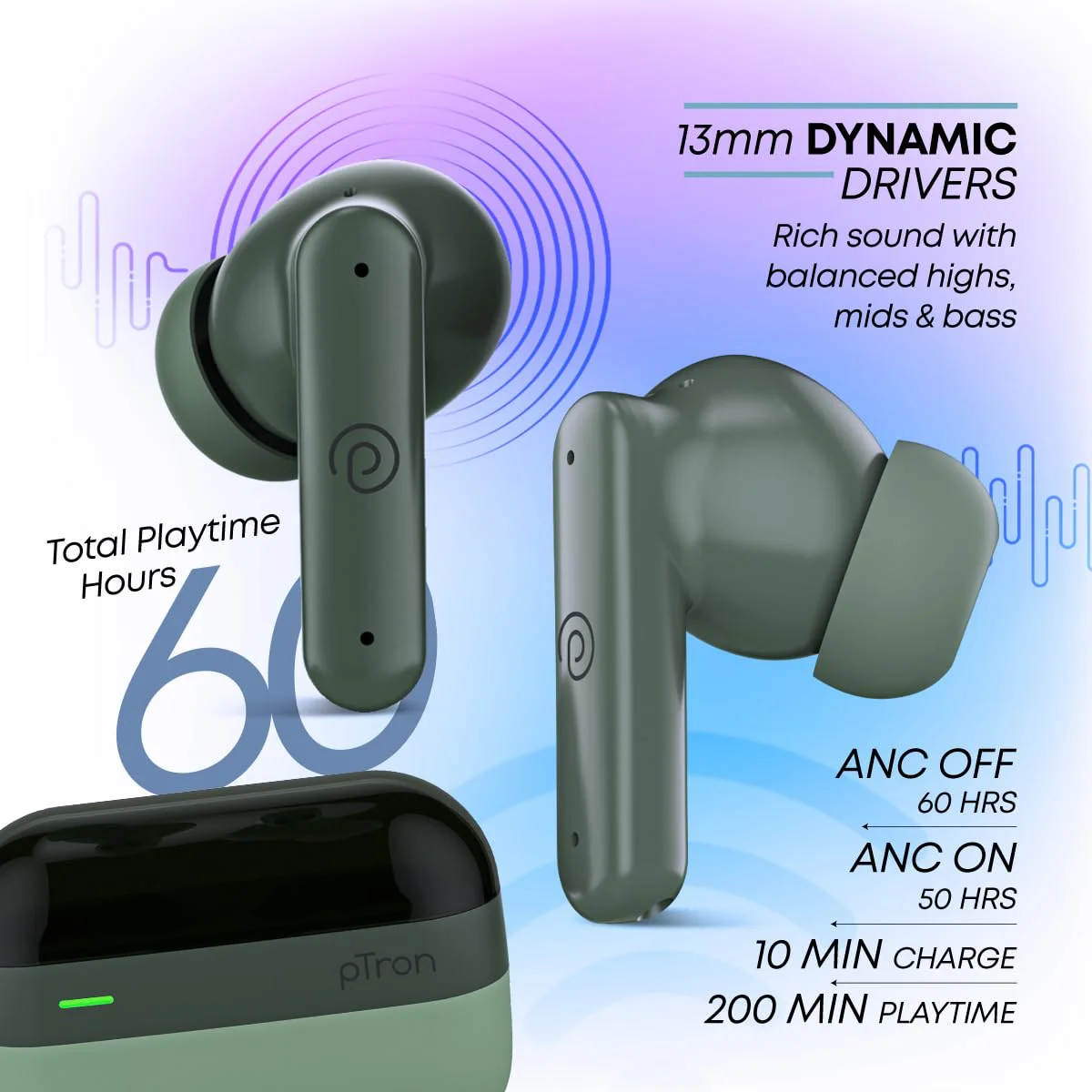 pTron Newly Launched Zenbuds 1 ANC Earbuds, 28dB Active Noise Cancellation TWS, Quad Mic TruTalk ENC Calls, 60Hrs Playtime, 45ms Game/Movie Mode & in-Ear Bluetooth 5.3 Wireless Headphones (Green) - image 2