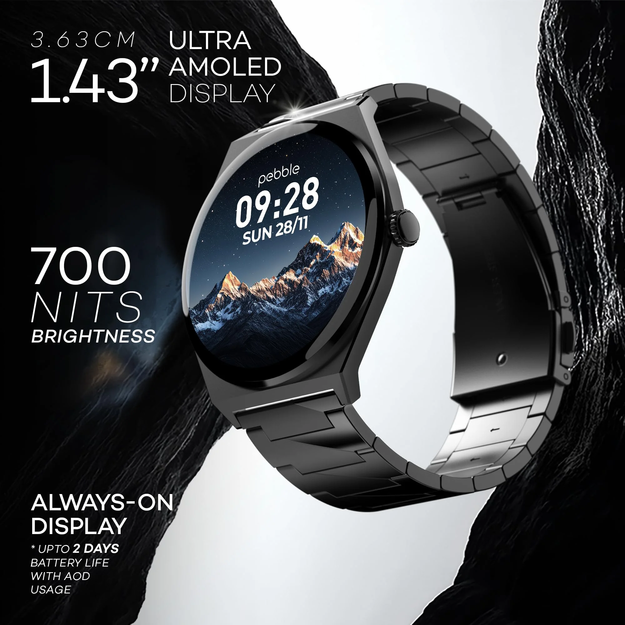 Pebble Royale Steel 1.43” Ultra AMOLED Display Smartwatch with Always-On Display, BT Calling, DIY Watch Faces, Slimmest Stainless Steel Body, Multiple Sports Modes – Premium Metal Smartwatch (Black) - image 2