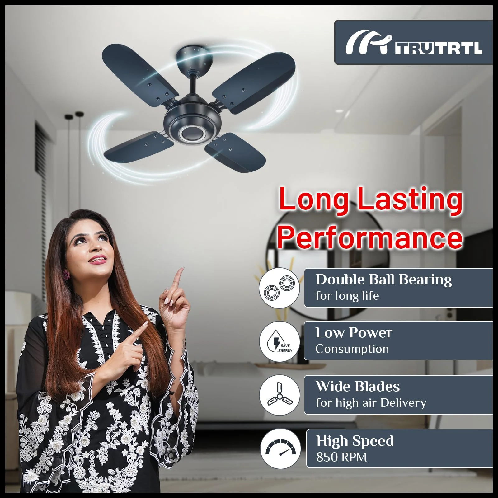 truTRTL Wave Ceiling Fan | 600 mm (24 inch) | High-Speed Ceiling Fan for Home | 2 Year Warranty | Energy Saving Ceiling Fan | Durable & Stylish | Metallic Blue - image 2
