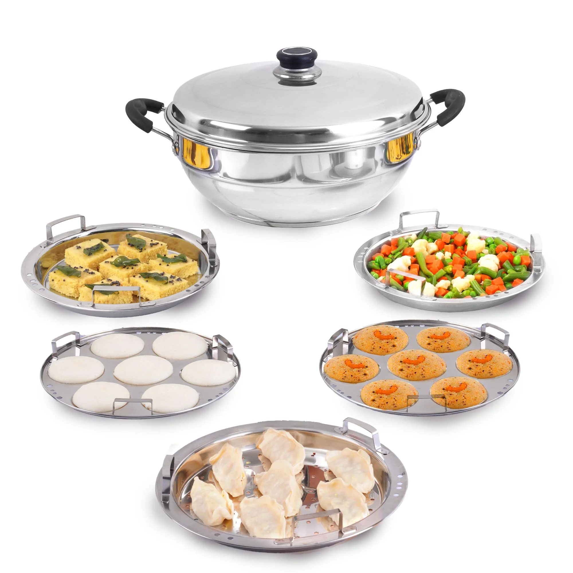 The Indus Valley Stainless Steel Idli Maker/Momo Maker/Multi Kadai/Steamer Set | Large, 5 Plates, 2 Idli | 2 Dhokla | 1 Steamer | 29cm/11.3 inch, 4.2Ltr, 2.5kg | 3-Layer Thick Bottom | Induction friendly - image 2