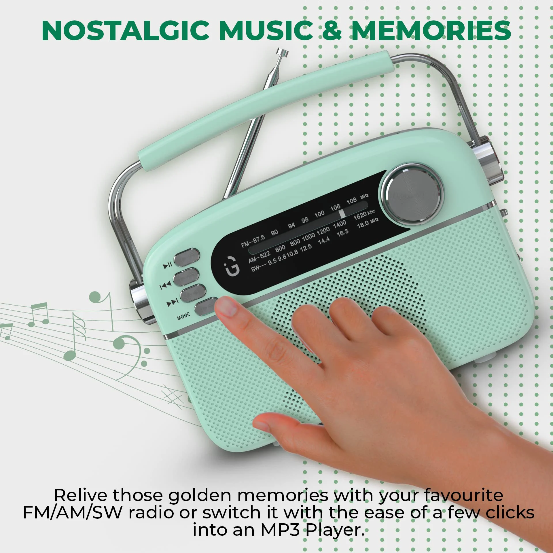 iGear Evoke Retro Modern style Radio and MP3 player with FM/AM/SW, 3 bands, Bluetooth, USB, TF/SD Card, 1200mAh rechargeable battery, Solar charger, Material ABS and Metal, Colour Pearl Blue and Silver, 1 Year Free replacement warranty. - image 2