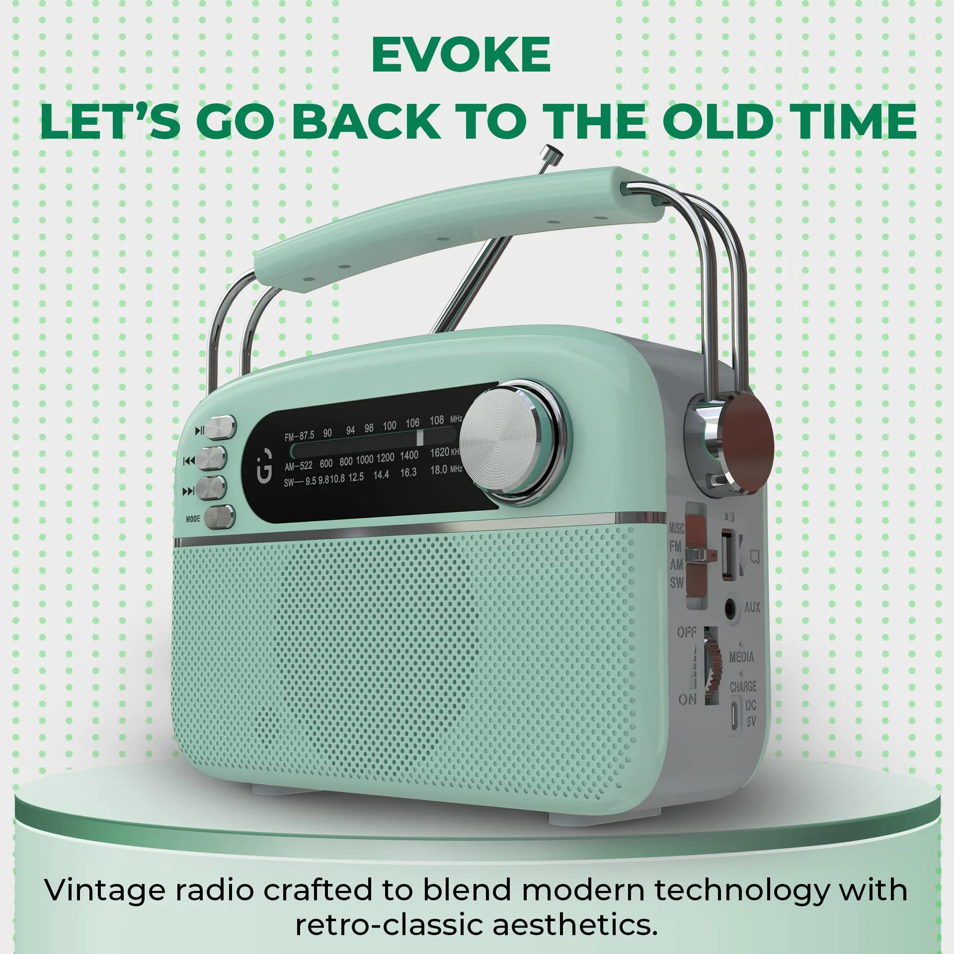 iGear Evoke Retro Modern style Radio and MP3 player with FM/AM/SW, 3 bands, Bluetooth, USB, TF/SD Card, 1200mAh rechargeable battery, Solar charger, Material ABS and Metal, Colour Pearl Blue and Silver, 1 Year Free replacement warranty. - image 1