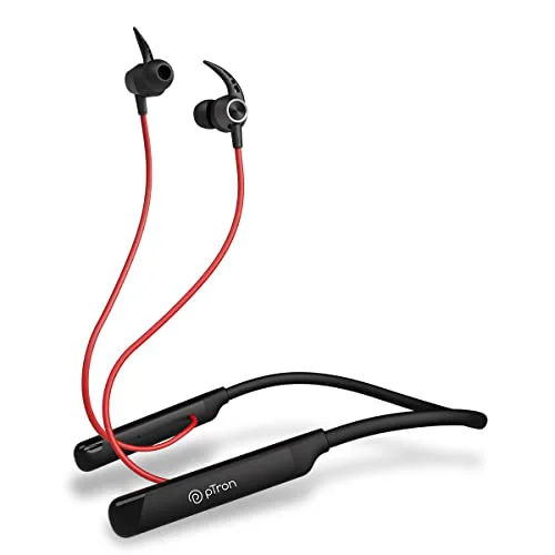 pTron Tangent Sports, 60Hrs Playtime, ENC BT5.2 Headphone, AptSense 40ms Low Latency Gaming, Punchy Bass, Dual Device Pairing, in-Ear Wireless Earphone, HD Mic, Type-C Fast Charging & IPX4 (Black/Red) - image 1