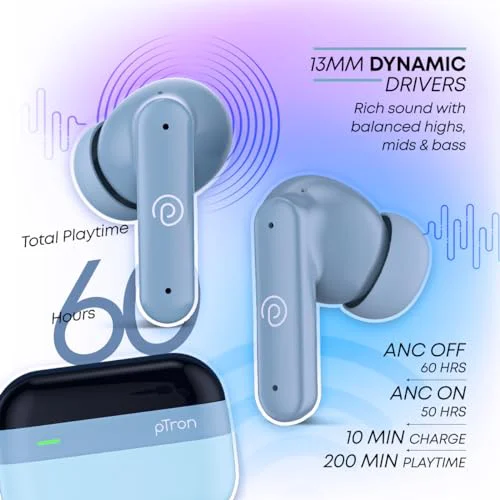 pTron Newly Launched Zenbuds 1 ANC Earbuds, 28dB Active Noise Cancellation TWS, Quad Mic TruTalk ENC Calls, 60Hrs Playtime, 45ms Game/Movie Mode & in-Ear Bluetooth 5.3 Wireless Headphones (Blue) - image 2