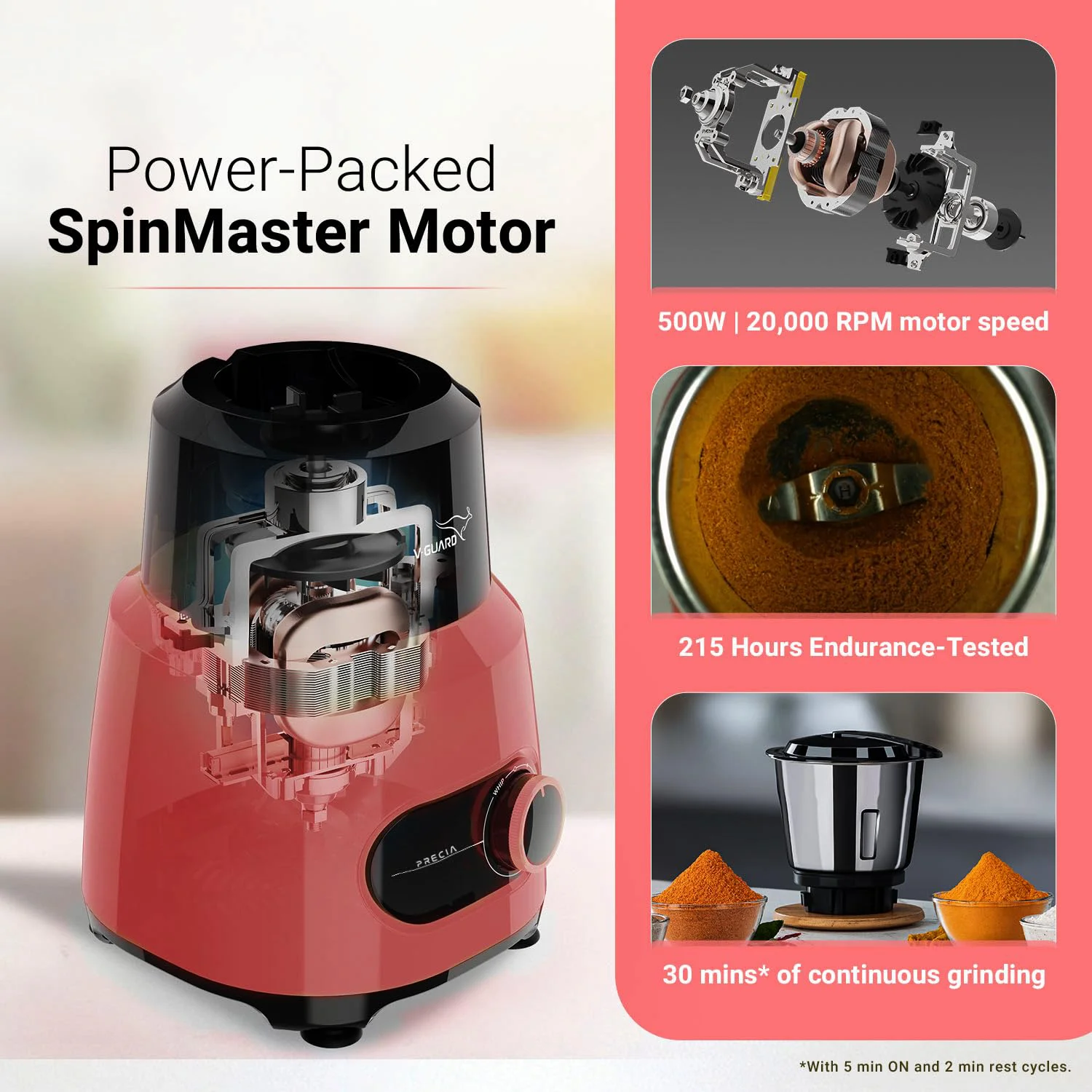 V-Guard Precia Mixer Grinder 500 Watt / 2 Year Motor Coverage by V-Guard / 3 Jar Mixie for Kitchen with Multifunctional SS Mixer Jars (Chutney, Dry, & Wet), Precision Stainless Steel Blades - image 2