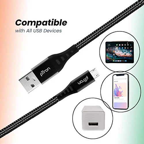 pTron USB-A to Micro USB 3A Fast Charging Cable compatible with Android Phones/Tablets, 480mbps Data Transfer Speed, Made in India, Solero MB301 Tangle-free USB Cable (Nylon Braided, 1.5M, Black) - image 2