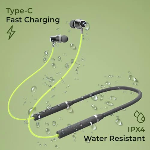 pTron Tangentbeat in-Ear Bluetooth 5.0 Wireless Headphones, Deep Bass, 18H Playtime, Clear Calls, Dual Device Pairing Wireless Neckband, Fast Type-C Charging, Voice Assistant & IPX4 (Green/Grey) - image 2