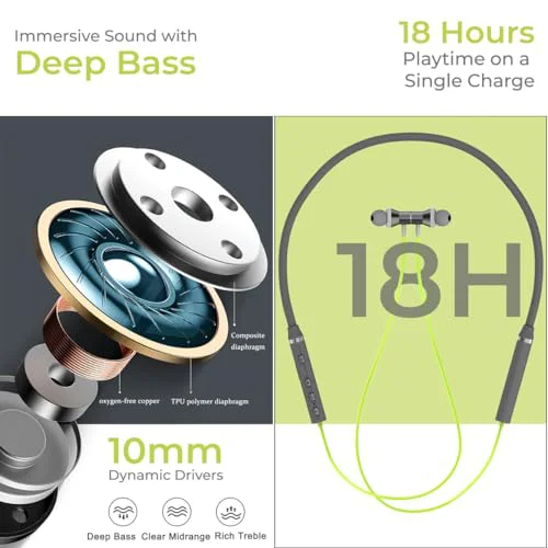 pTron Tangentbeat in-Ear Bluetooth 5.0 Wireless Headphones, Deep Bass, 18H Playtime, Clear Calls, Dual Device Pairing Wireless Neckband, Fast Type-C Charging, Voice Assistant & IPX4 (Green/Grey) - image 1