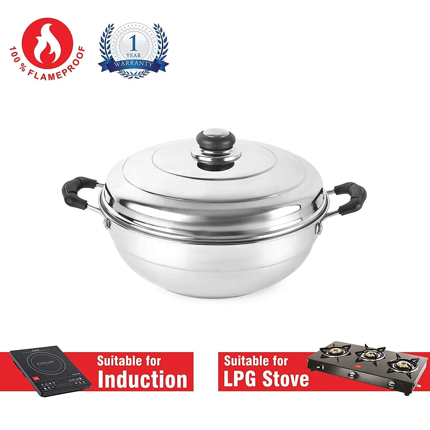 WayMore® Triply Multi Kadai Steamer with Induction & GasTop Compatible 5 Plate 2 Idli | 2 Dhokla | 1 Patra | Momo's | 28.5 cm Dia) - image 2