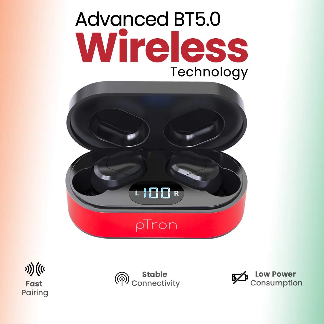 pTron Bassbuds Plus in Ear True Wireless Stereo Earbuds with Mic, Deep Bass Bluetooth Headphones, Voice Assistance, IPX4 Sweat & Water Resistant TWS, 12Hrs Battery & Fast Charge (Red & Black) - image 2