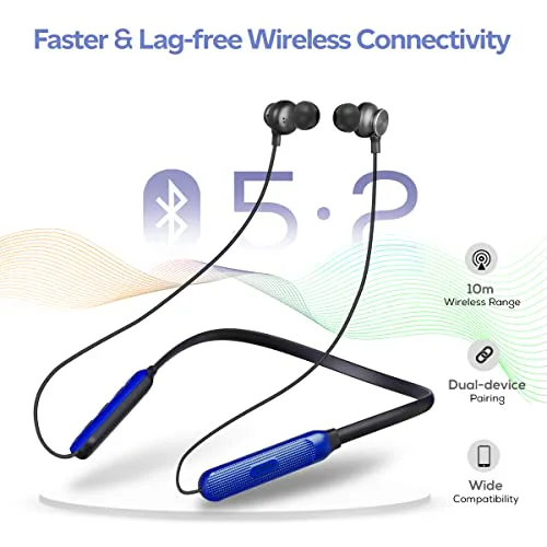 pTron Tangent Duo Bluetooth 5.2 Wireless in Ear Headphones, 13mm Driver, Deep Bass, HD Calls, Fast Charging Type-C Neckband, Dual Pairing, Voice Assistant & IPX4 Water Resistant (Black/Blue) - image 2