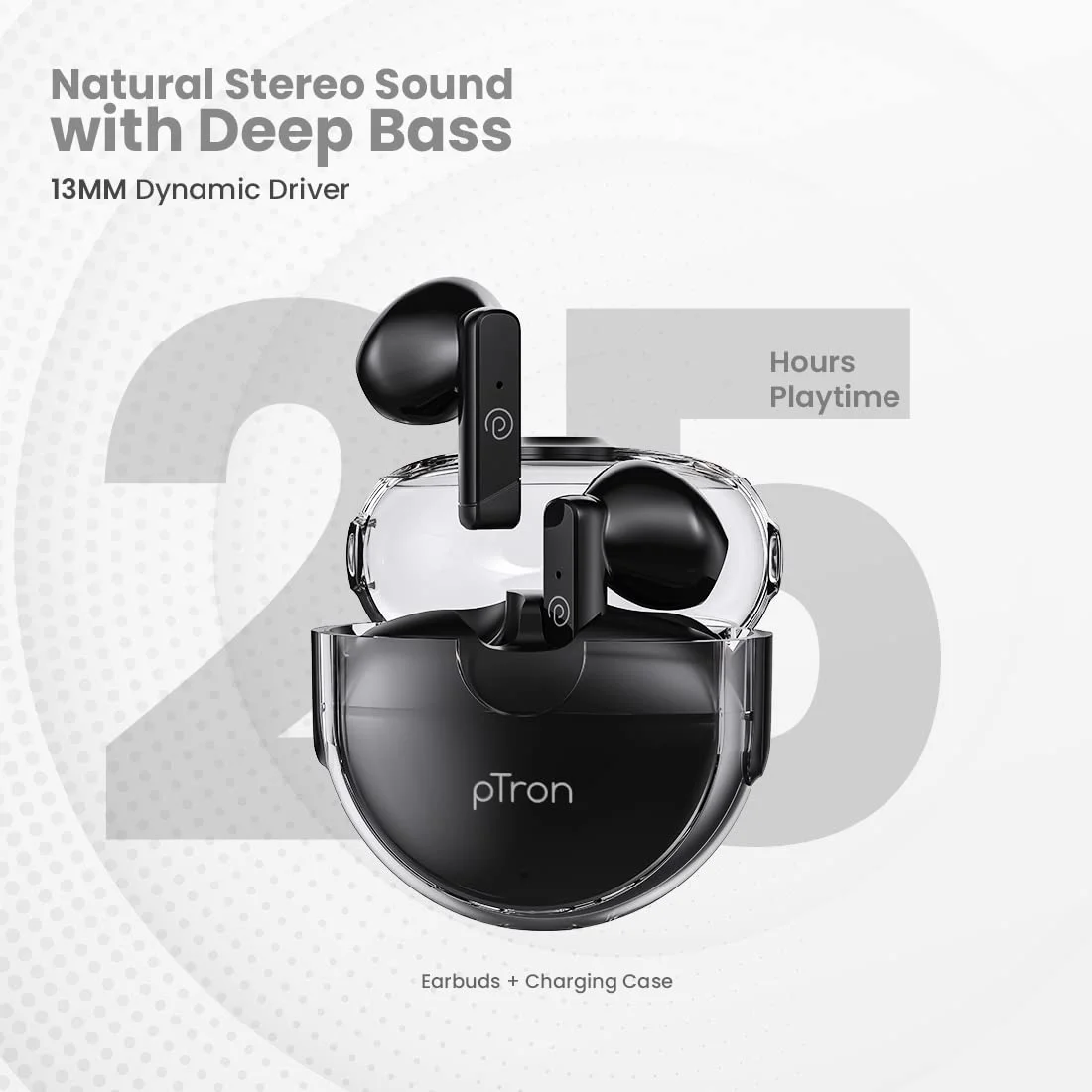 pTron Bassbuds Fute 5.1 Bluetooth Truly Wireless Featherlite TWS in Ear Earbuds with Mic, 25Hrs Playtime, 13mm Driver, Immersive Audio Headphones, Touch Control, Voice Assist & Fast Charging (Black) - image 1
