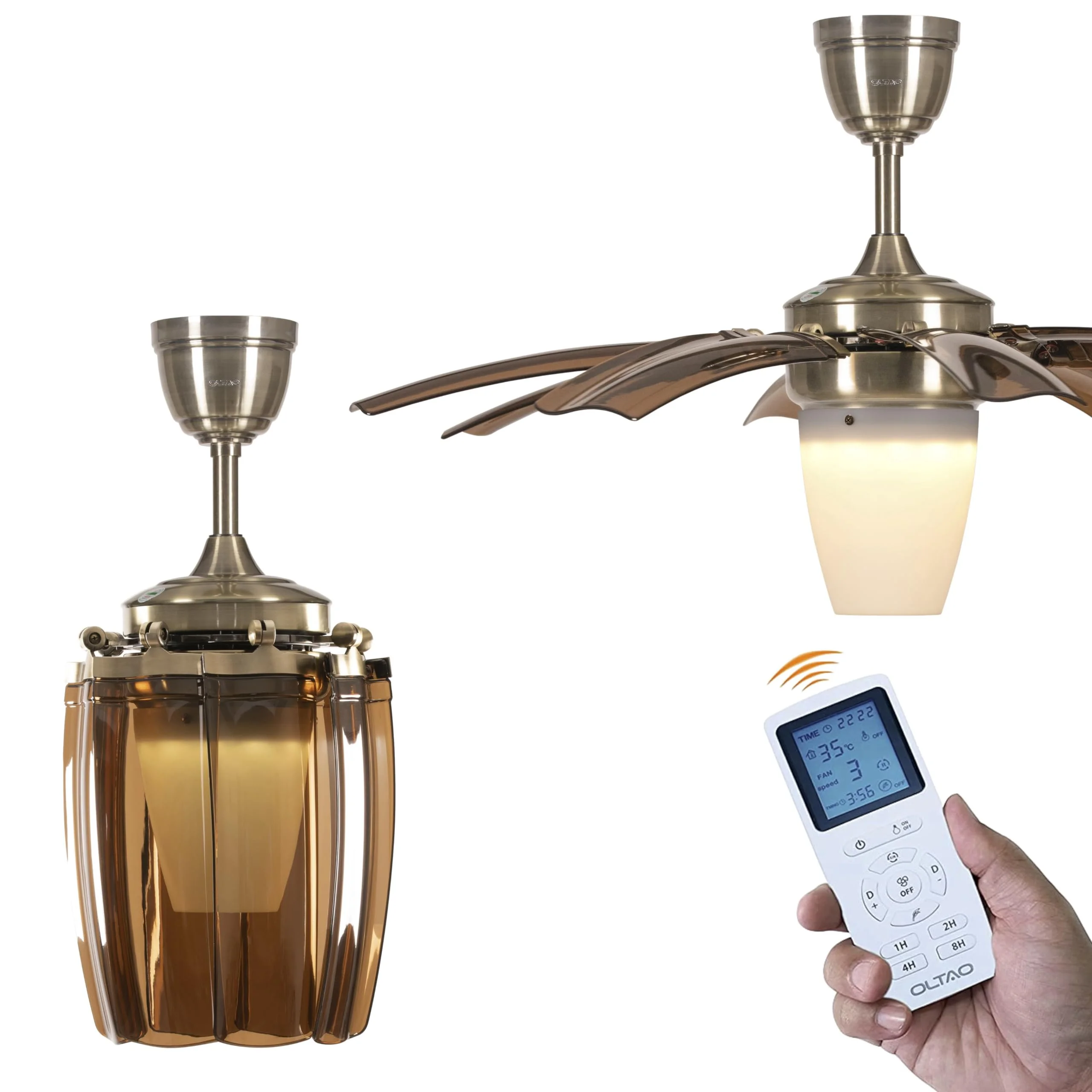 oltao Susan Chandelier Ceiling Premium Deluxe Fan - Golden Finish | with BLDC Motor, Reverse Air Flow for Summers & Winters, 8 Retractable Blades, LED Light & Remote Control - image 1