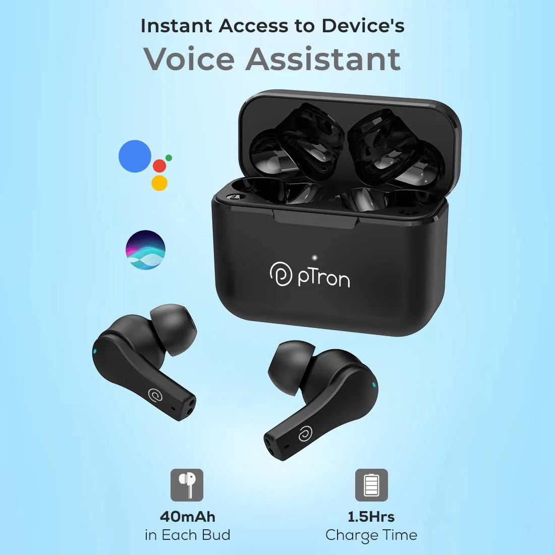 pTron Bassbuds Tango ENC Bluetooth Truly Wireless in Ear Earbuds with mic, Movie Mode, 40Hrs Playtime, Bluetooth Headphones 5.1, Deep Bass, Touch Control TWS Earbuds & Type-C Fast Charging (Black) - image 1