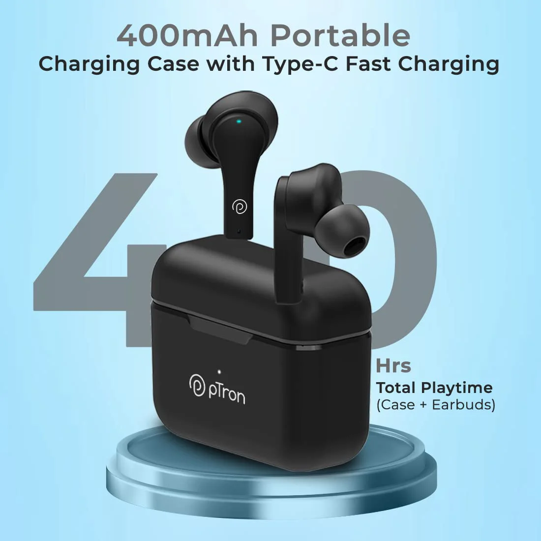 pTron Bassbuds Tango ENC Bluetooth Truly Wireless in Ear Earbuds with mic, Movie Mode, 40Hrs Playtime, Bluetooth Headphones 5.1, Deep Bass, Touch Control TWS Earbuds & Type-C Fast Charging (Black) - image 2