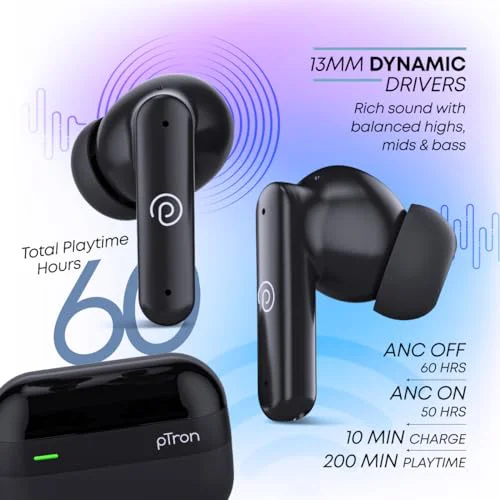 pTron Newly Launched Zenbuds 1 ANC Earbuds, 28dB Active Noise Cancellation TWS, Quad Mic TruTalk ENC Calls, 60Hrs Playtime, 45ms Game/Movie Mode & in-Ear Bluetooth 5.3 Wireless Headphones (Black) - image 1
