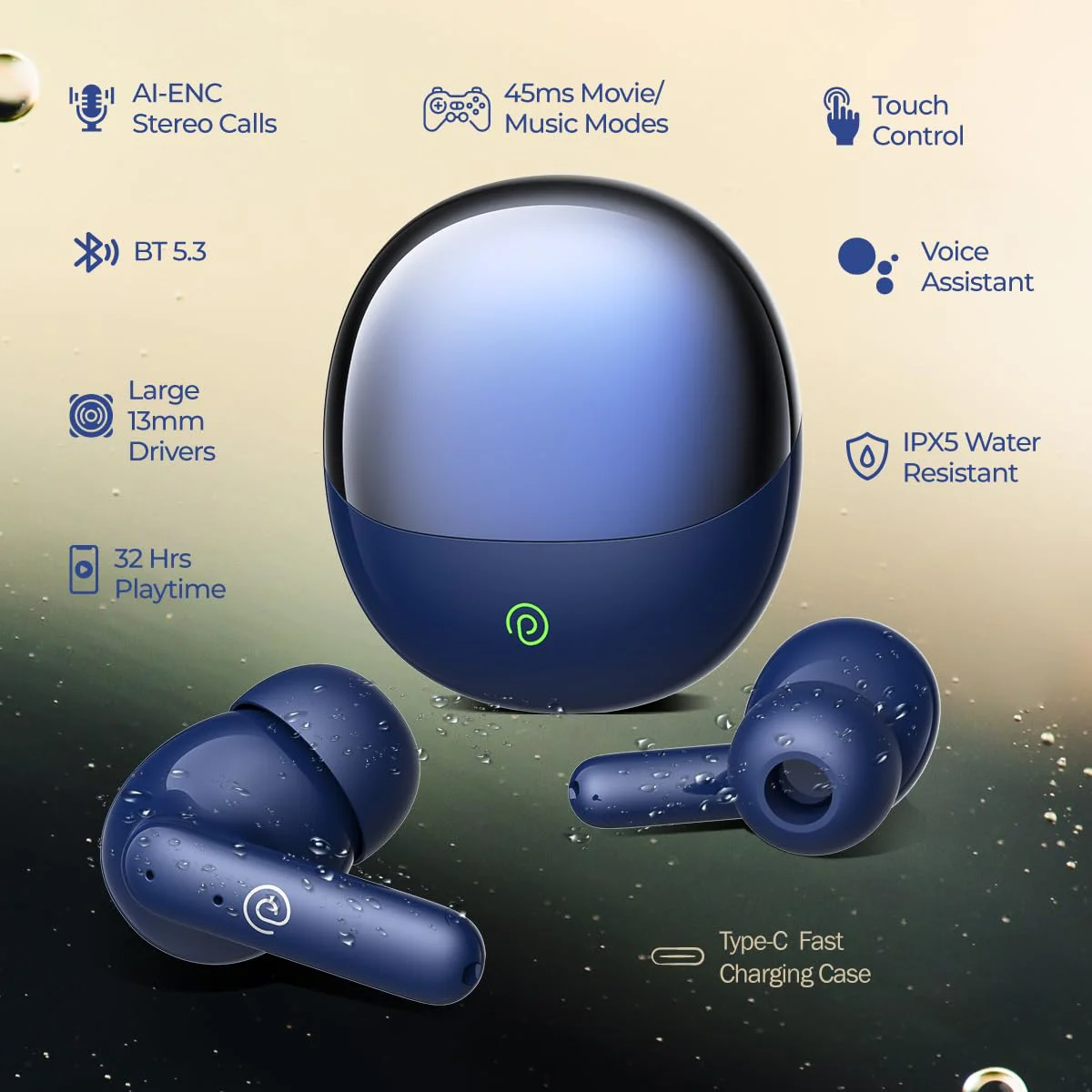 pTron Newly Launched Zenbuds Evo TWS Earbuds,Ai-Trutalk Enc Calls,45Ms Movie/Music Modes,Deep Bass,32Hrs Playtime,Bluetooth 5.3 Headphones,Ipx5 Water Resistant&Type-C Fast Charging (Blue),in-Ear - image 1