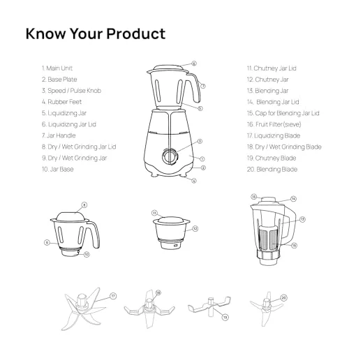 Wipro Elato FMG207 1000 Watt Mixer Grinder with 4 Jars(Wet Grinding Jar (1.5 L) + Dry Grinding Jar (1.2 L) + Chutney Jar (0.5 L) + Juicer (1.2 L)), 100% Copper Motor, 5 Years Motor Warranty,White - image 1
