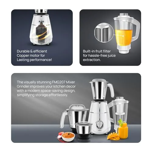 Wipro Elato FMG207 1000 Watt Mixer Grinder with 4 Jars(Wet Grinding Jar (1.5 L) + Dry Grinding Jar (1.2 L) + Chutney Jar (0.5 L) + Juicer (1.2 L)), 100% Copper Motor, 5 Years Motor Warranty,White - image 2