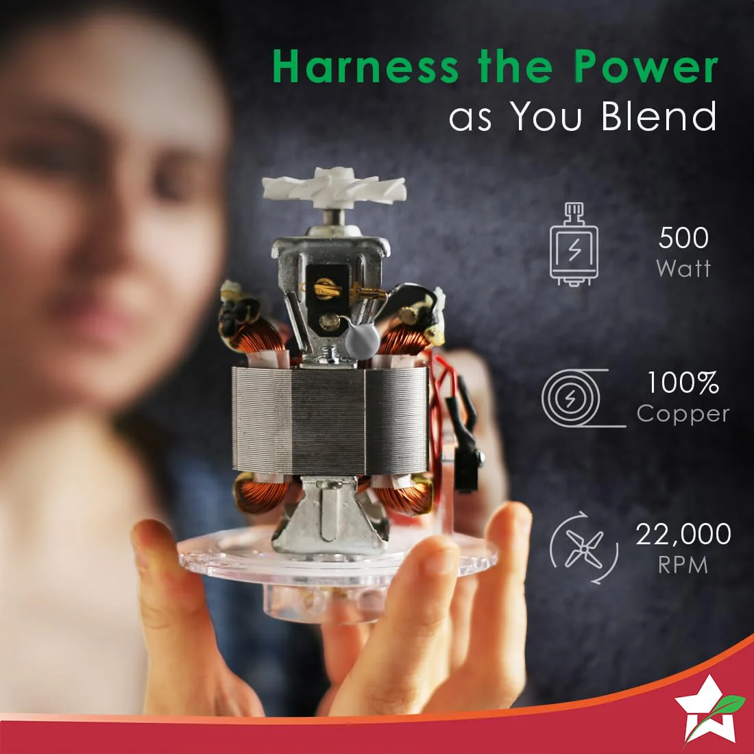 Wonderchef Nutri-blend Mixer Grinder Blender, Smoothie Maker, 3 Unbreakable Jars (Blending, Grinding, and Sipper Jar), 500W 22000 RPM 100% Full Copper Motor, SS Blades, 2 Year Warranty, Black - image 2