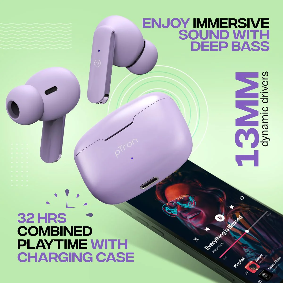 pTron Bassbuds Duo in-Ear Wireless Earbuds,Immersive Sound,32Hrs Playtime,Clear Calls TWS Earbuds,Bluetooth V5.1 Headphones,Type-C Fast Charging,Voice Assist&Ipx4 Water Resistant (Light Lilac) - image 1