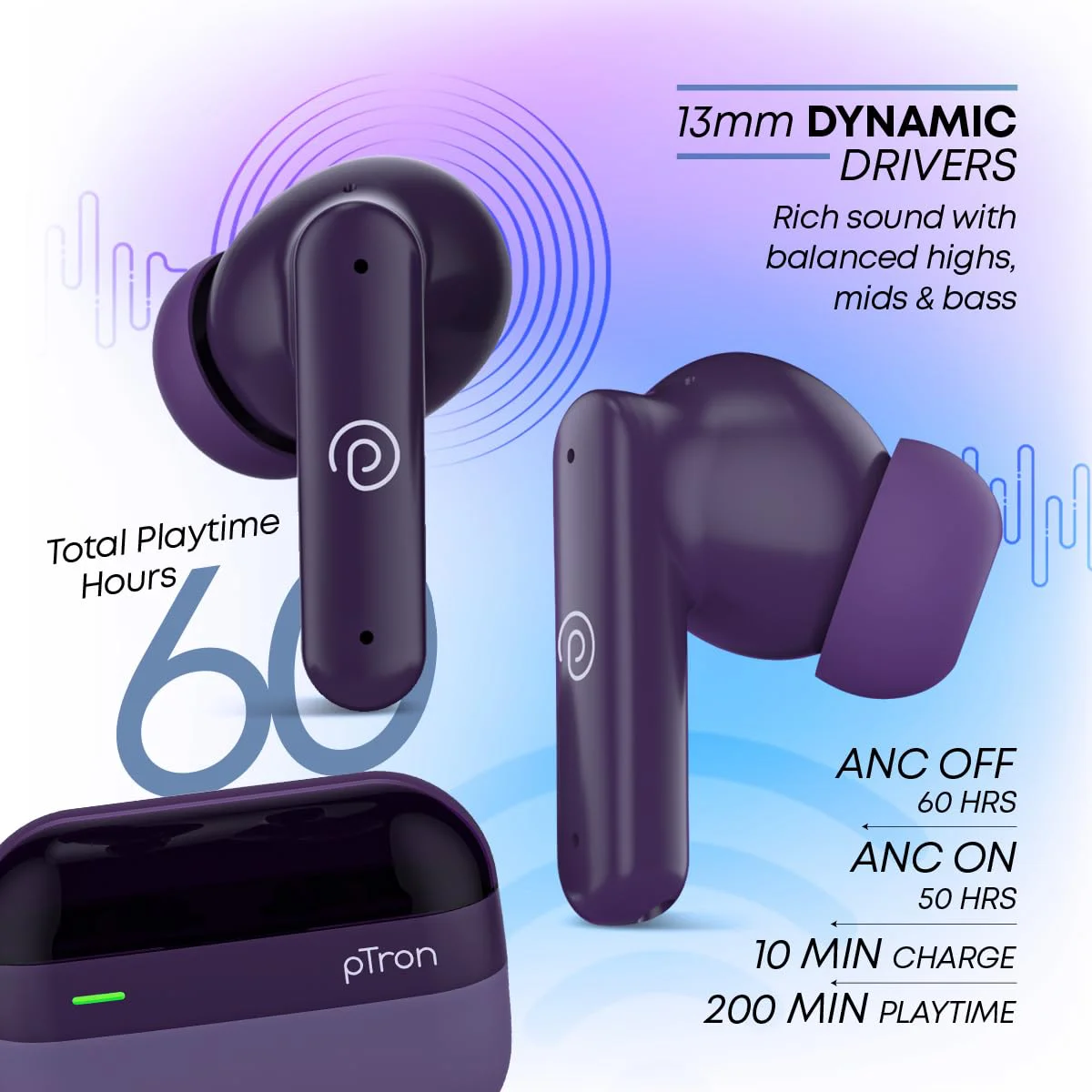 pTron Newly Launched Zenbuds 1 ANC Earbuds, 28dB Active Noise Cancellation TWS, Quad Mic TruTalk ENC Calls, 60Hrs Playtime, 45ms Game/Movie Mode & in-Ear Bluetooth 5.3 Wireless Headphones (Purple) - image 1