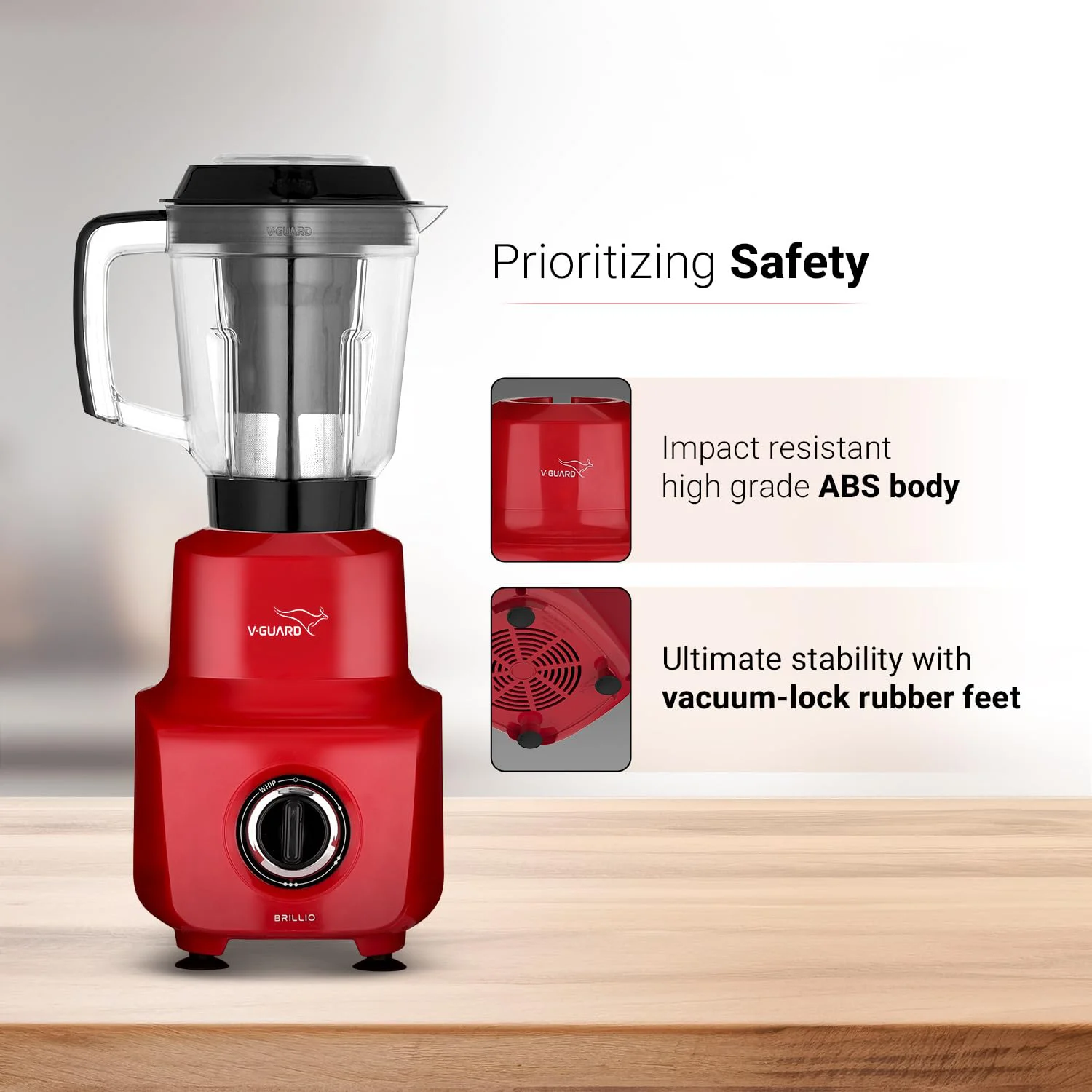 V-Guard Brillio 750 Watt Juicer Mixer Grinder, 3 Year Motor Coverage by V-Guard, 4 Jars(Chutney, Dry, Wet & Juicer), Sturdy Juicer Jar With Quadraflow Design, Precisionblend Ss Blades, Mars Red - image 1