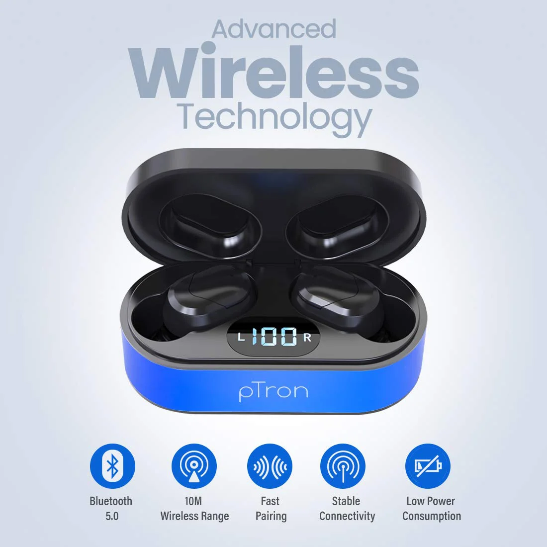 pTron Bassbuds Plus in Ear True Wireless Stereo Earbuds with Mic, Deep Bass Bluetooth Headphones, Voice Assistance, IPX4 Sweat & Water Resistant TWS, 12Hrs Battery & Fast Charge (Blue & Black) - image 2