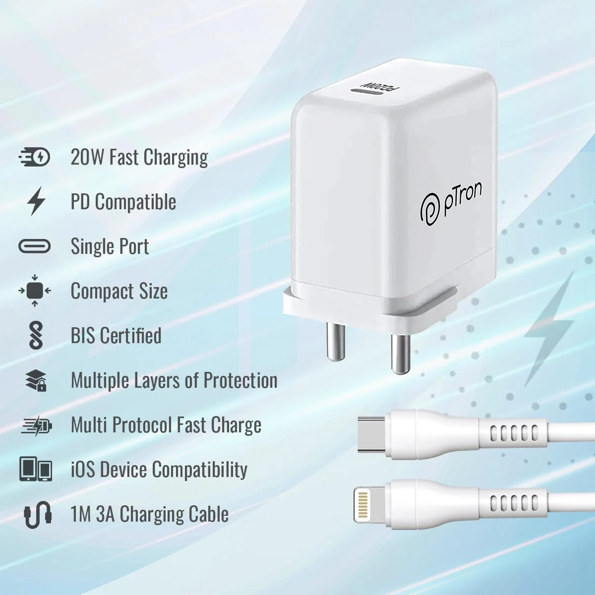 pTron Volta Zip 20W PD Fast Charger for iPhone 14/14 Plus/14 Pro/14 Pro Max,iPhone 13/13 Pro/13 Pro Max/13 Mini,12/12 Mini/12 Pro Max,iPhone 11 Series with PD3.0, Type-C 20W Adapter with Cable (White) - image 2