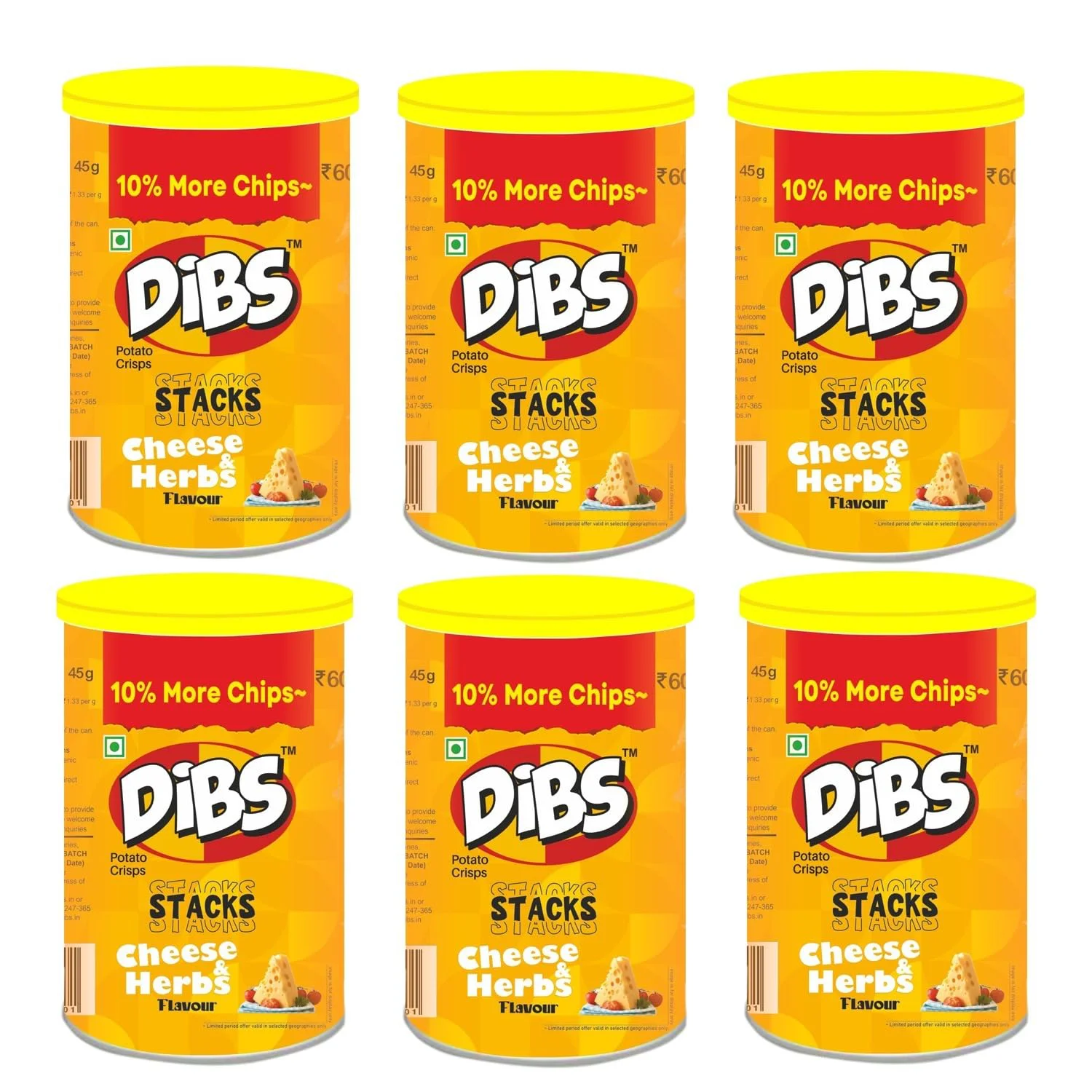 Dibs stacks (Pack of 6, 45 GM Each) Cheese & Herbs Potato Crisps Chips On the Go Adventure, Crunchy Healthy and Tasty Chips, Snacks Chips - image 1