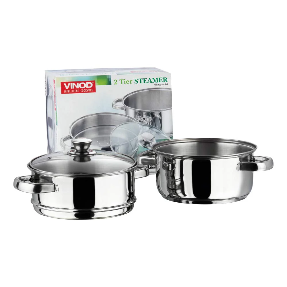 Vinod Stainless Steel Steamer 2 Tier with Glass Lid 18 cm | 2.5 mm Thick Base | Multi Purpose Momos, Modak Maker Steamer | Induction and Gas Base | 2 Year Warranty - Silver - image 1