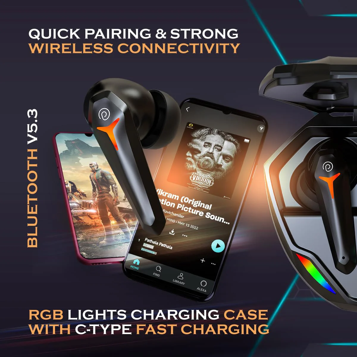 pTron Newly Launched Bassbuds Razer TWS Earbuds, 40ms Gaming Low Latency, TruTalk AI-ENC Calls, Deep Bass, 45Hrs Playtime, HD Mic, in-Ear Bluetooth 5.3 Headphones, Type-C Fast Charging & IPX5 (Black) - image 1