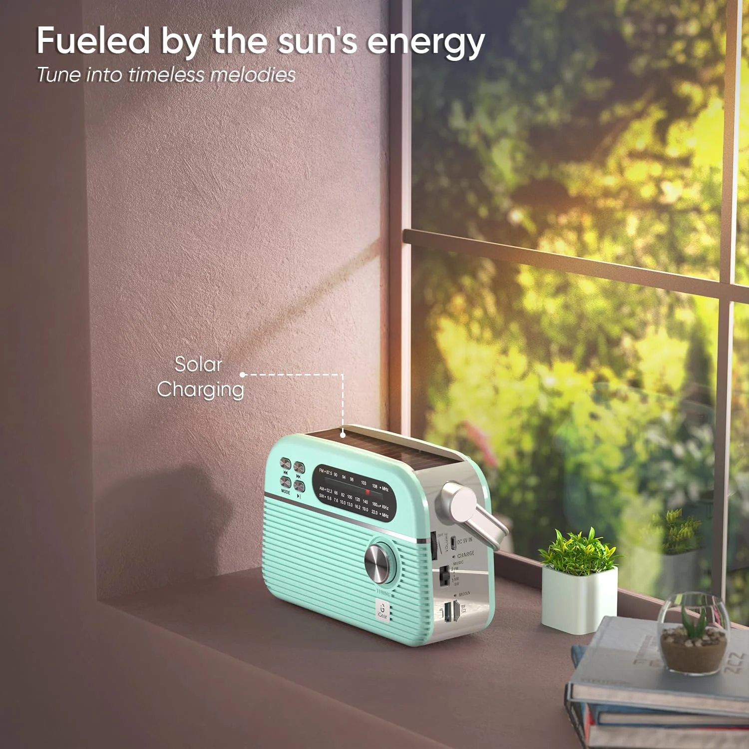 iGear Trinity Solar-Powered MP3 Player & 3-Band Radio with FM/AM/SW, Retro Modern Style, Bluetooth, USB, TF/SD Card, 1200 mAh Rechargeable Battery, Solar Charger, 1 Year Replacement Warranty (Blue) - image 1