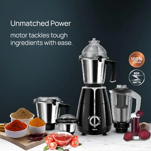Wipro Elato FMG209 800 Watt Mixer Grinder with 4 Jars,Heavy Duty 100% Copper Ball Bearing Motor with 5 Year Warranty,Superfast Grinding,Clip Lids - Hands Free use, 4 Jars Mixer Grinder 800 Watt,Black - image 2