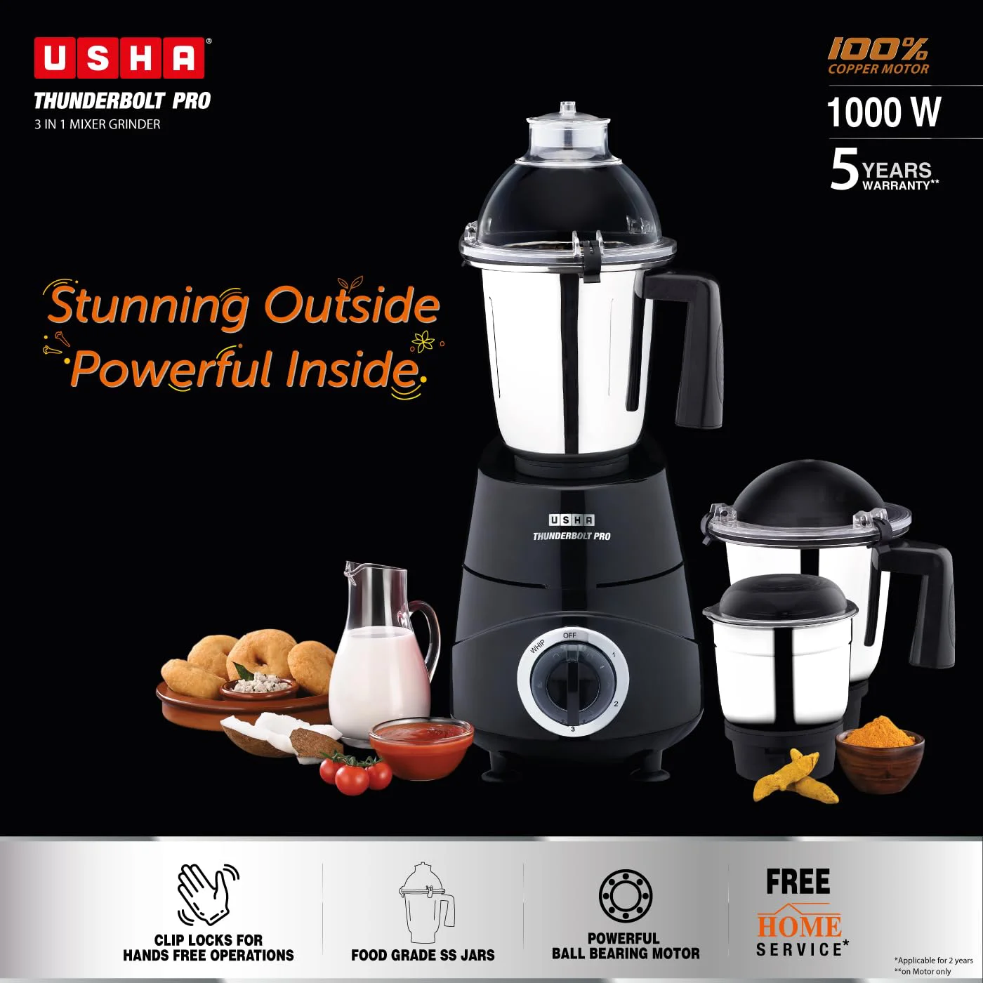 USHA Thunderbolt Pro 1000W with 3 Jars, 100% Copper Ball-Bearing Motor, Handsfree operation, 3 Jars, 3-Speed Setting with Inching option, 5 Years Warranty on Motor (Black) - image 2