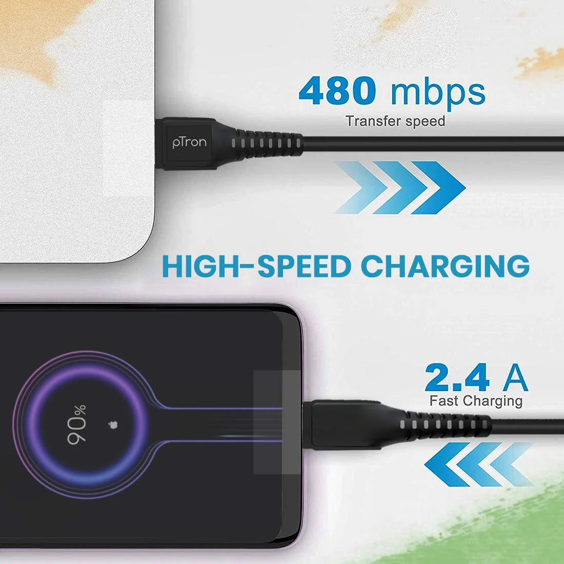 pTron USB-A to Type-C 2.4A Fast Charging Cable compatible with Android Phones/Tablets, 480mbps Data Transfer Speed, Made in India, Solero T241 Tangle-free Type-C USB Cable (Round, 1M, Black) - image 1