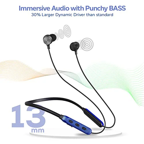pTron Tangent Duo Made in India Bluetooth 5.2 Wireless in-Ear Headphones with Mic, 24Hrs Playback, 13mm Drivers, Punchy Bass, Fast Charging Neckband, Voice Assist, IPX4 & in-line Controls (Black/Blue) - image 2