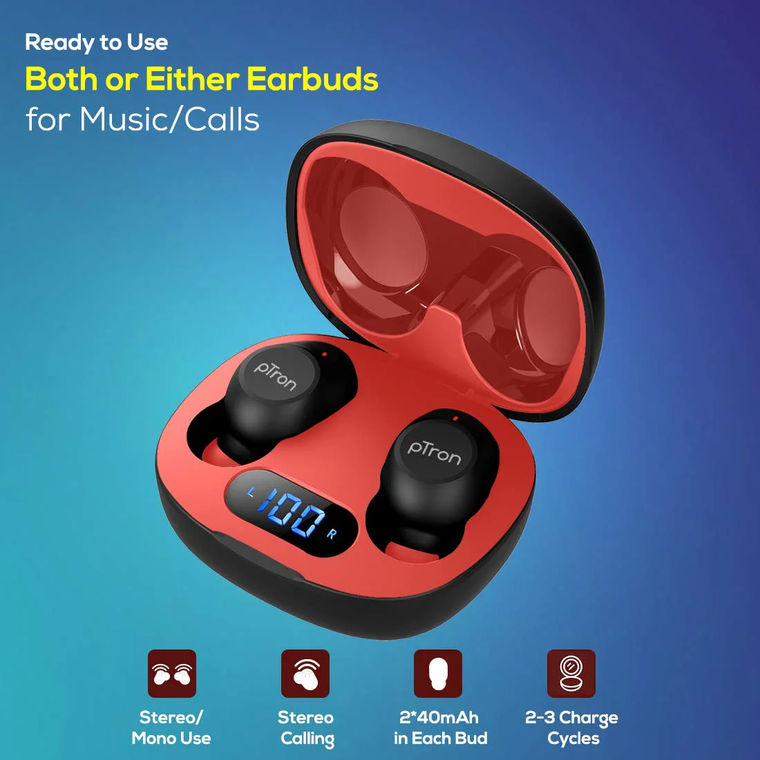 pTron Bassbuds Pro (New) in-Ear True Wireless Bluetooth 5.1 Headphones with Deep Bass, Low Latency Gaming Earphones, Touch Control, IPX4 Water/Sweat Resistance TWS Earbuds & Built-in Mic(Black & Red) - image 2