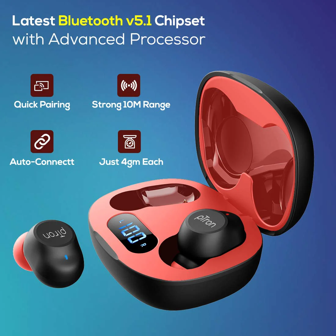 pTron Bassbuds Pro (New) in-Ear True Wireless Bluetooth 5.1 Headphones with Deep Bass, Low Latency Gaming Earphones, Touch Control, IPX4 Water/Sweat Resistance TWS Earbuds & Built-in Mic(Black & Red) - image 1